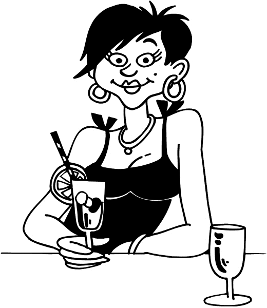 Lady at bar with mixed drink vinyl decal. Customize on line. Restaurants Bars Hotels 079-0452